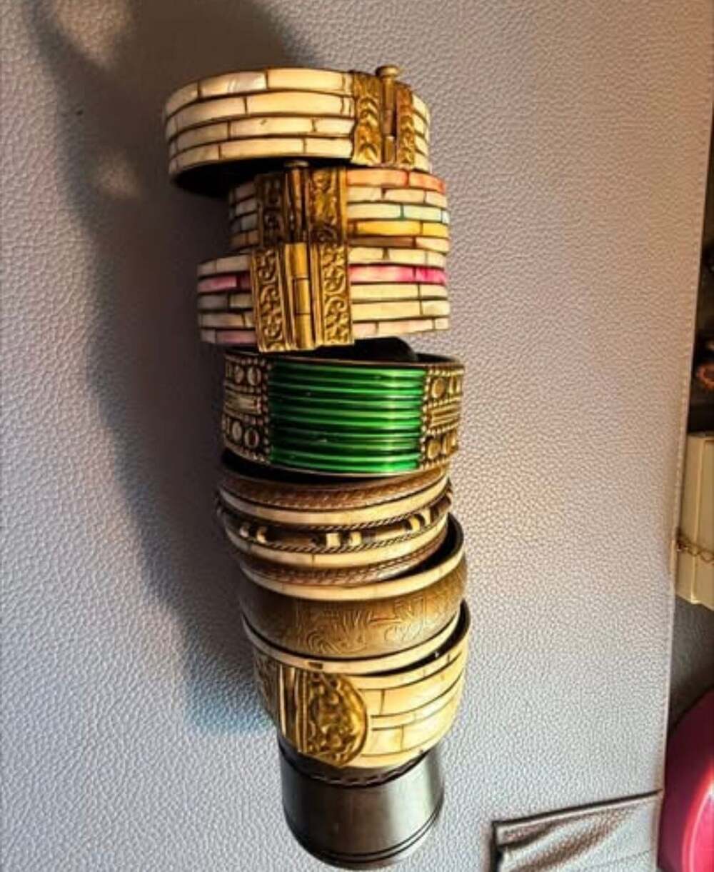 Vintage Brass and Mother-of-Pearl Inlaid Bracelet Stack